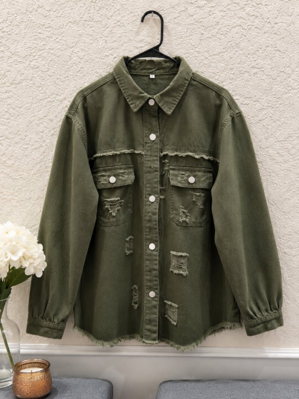 Olive Distressed Cotton Shacket Jacket Size L Frayed Hem Utility Top